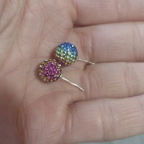 VINTAGE STERLING SILVER .925 MULTICOLOR PAVE CRYSTAL 8MM BALL STUD EARRINGS - Picture 3 of 9